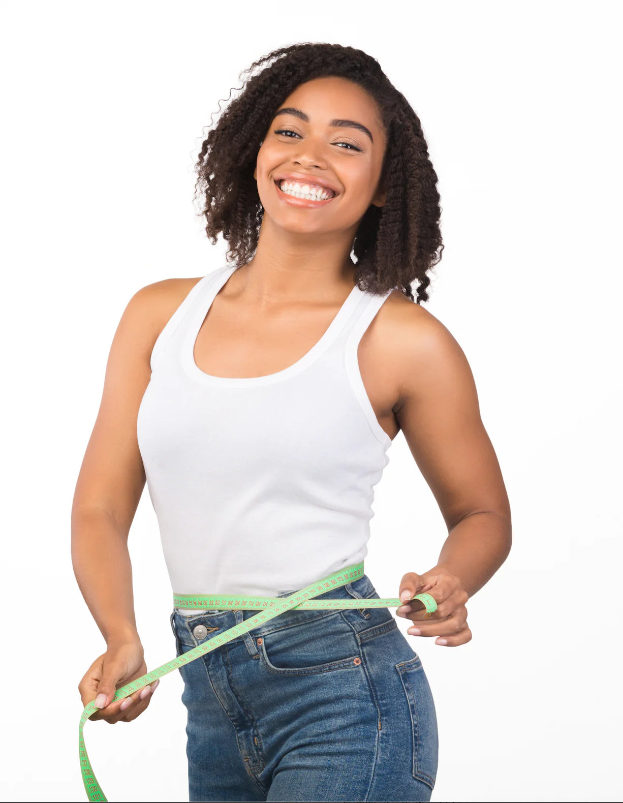 Woman with measuring tape around waist, symbolizing weight loss journey.